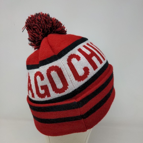 K&B Men's Knit Beanie Hat Cap Red Black Striped 100% Acrylic Pom Pom - Picture 6 of 11